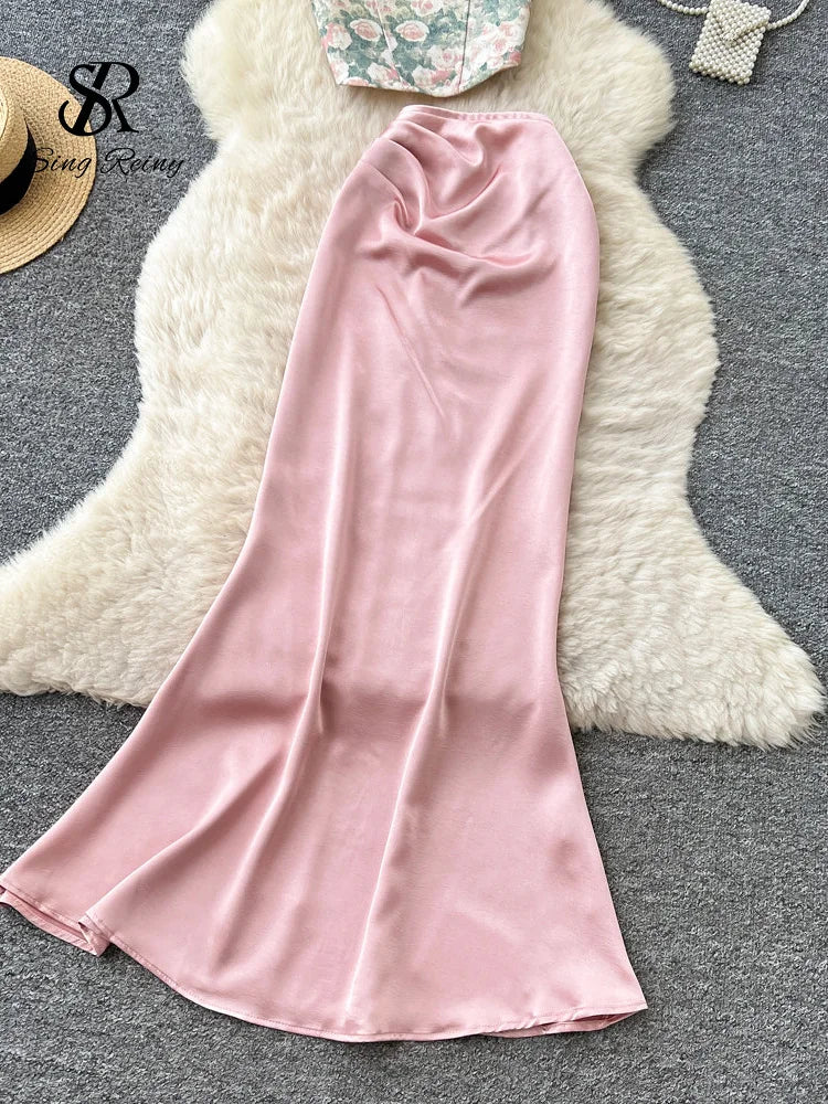 Bow Floral Satin Cami And Mermaid Skirt Set for Women
