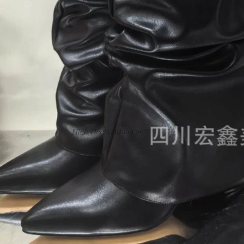 Suede Pointed Toe Metal Buckle Chunky Heel Mid Calf Boots For Women