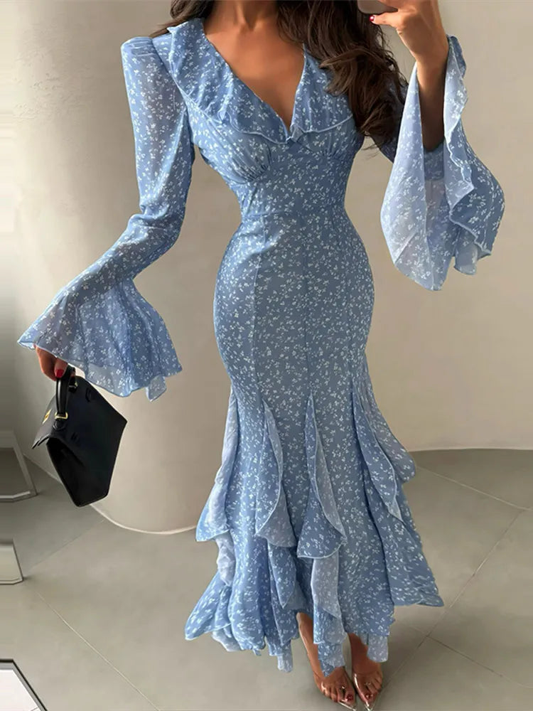 Printed V Neck Ruffle Sleeve Mid Calf Dress for Women