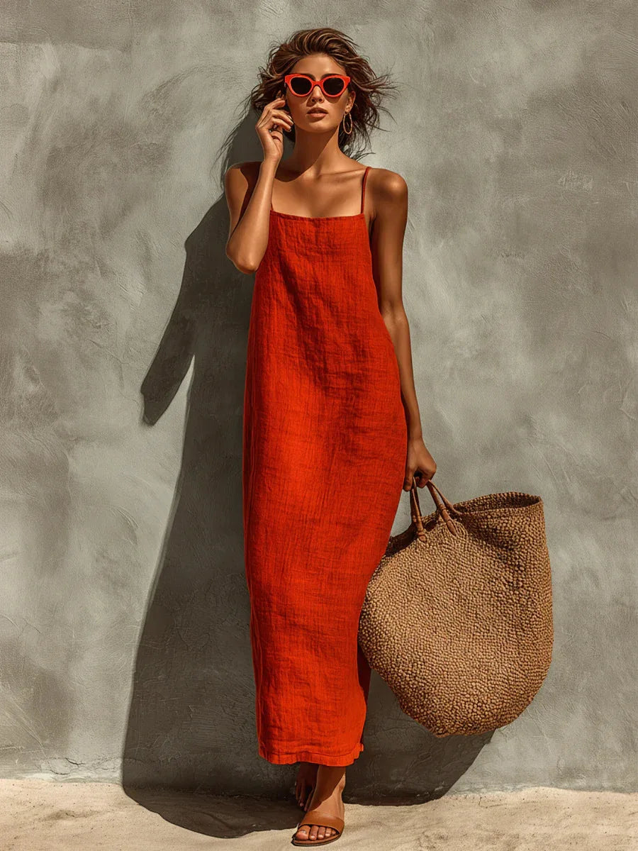 New Solid Color Square Neck Spaghetti Strap Linen Maxi Dress for Women
