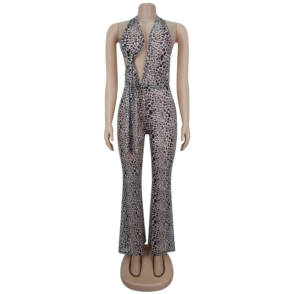 Leopard Print Halter Backless Bodycon Jumpsuit for Women