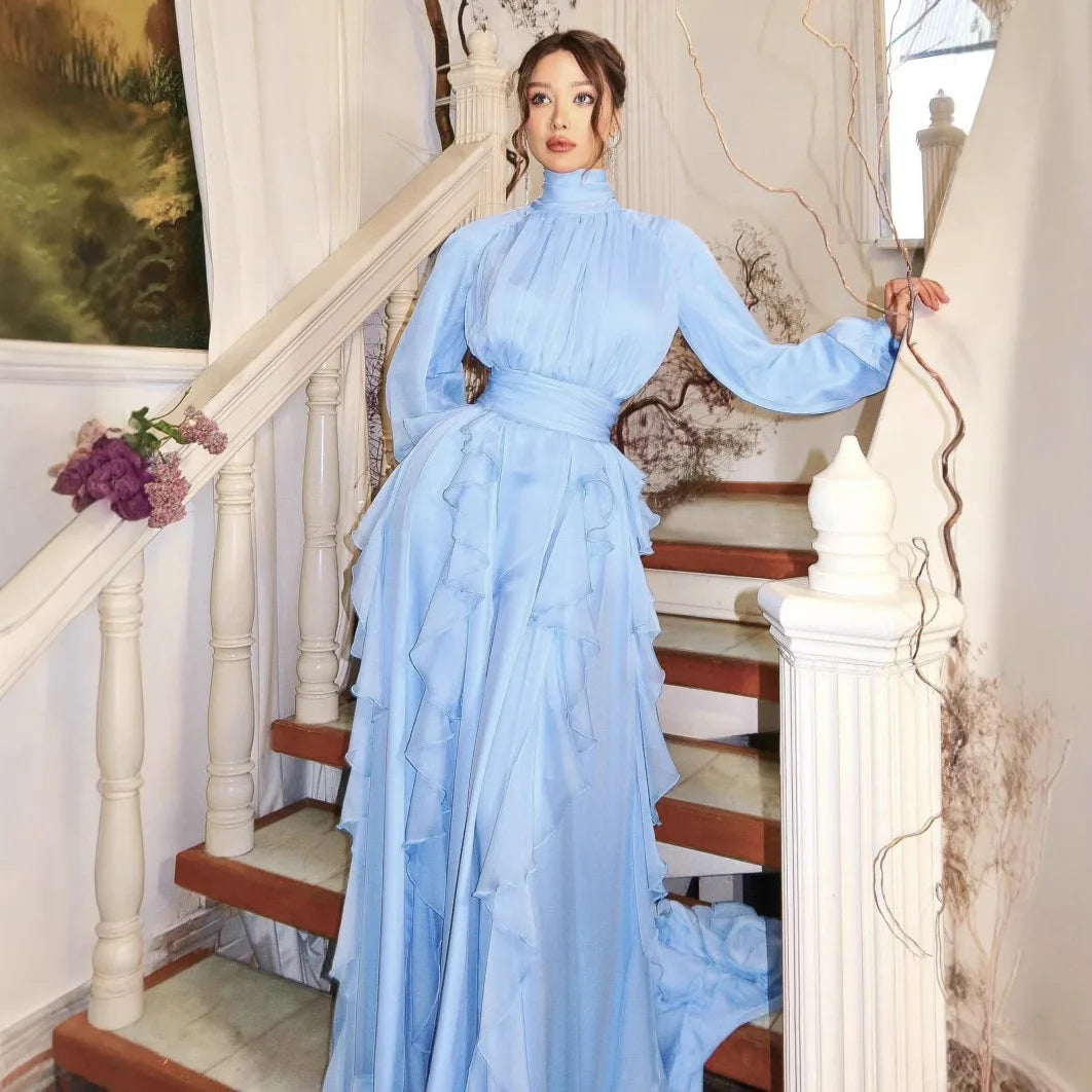 Light Blue Solid Color Long Lantern Sleeve Floor Length Dress for Women