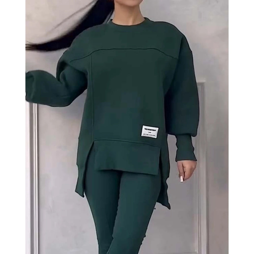 Sporty O-neck Long Sleeve Asymmetrical Sweatshirt & Skinny Pants Set Two Piece Outfits Tracksuit Sets Fall Clothing
