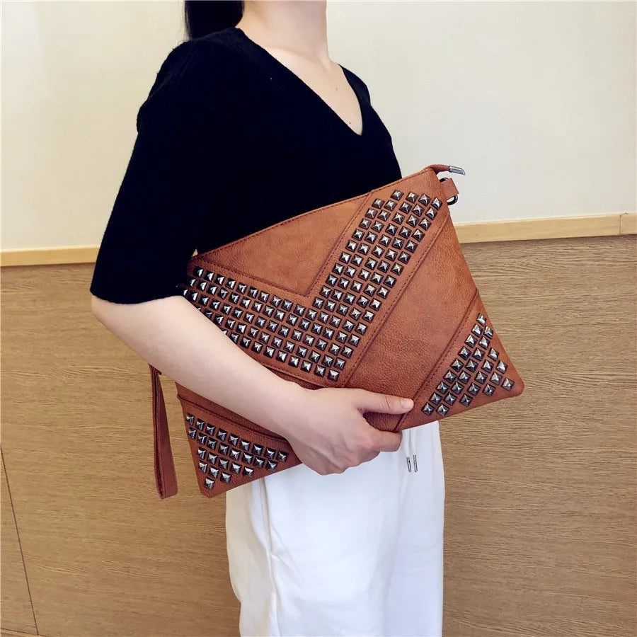 Gleaming Rivet Detail Envelope Clutch Bag for Women
