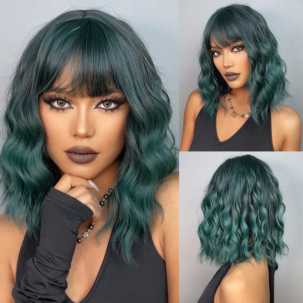 Heat Resistant Short Wavy Bob Wig With Bangs for Women