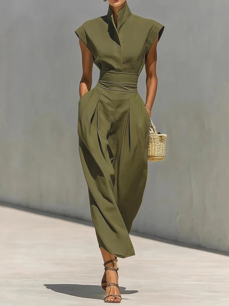 Elegant Stand Collar Pocket Summer Long Dress for Women
