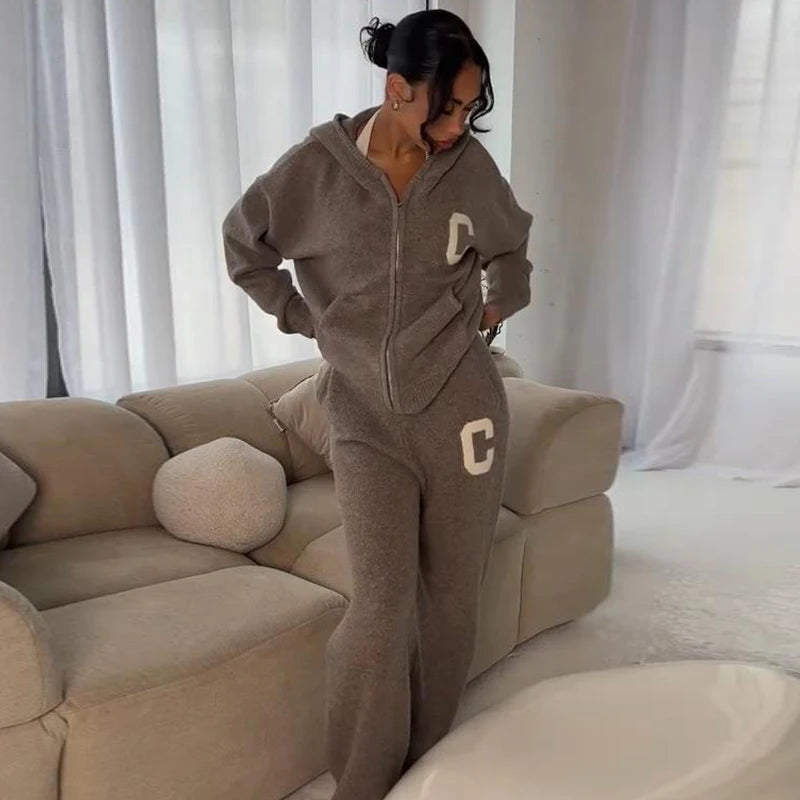 Letter Print Hooded Two Piece Set With Wide Leg Pants for Women