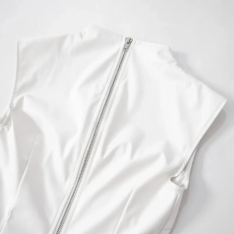 White PU Leather Bodycon Mini Dress for Women Elegant Sexy Turtleneck Sleeveless Party Dresses Spring Fashion Casual Dress 2025