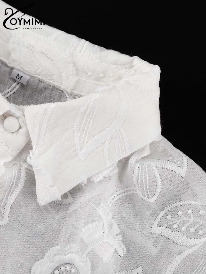 Oymimi Summer White Cotton 2 Piece Sets Women Outfit Casual Jacquard Button Wrist Sleeve Shirts And High Waist Shorts Female Set