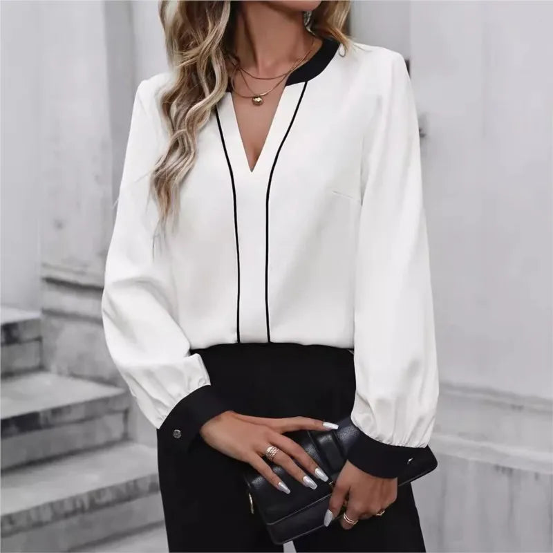 New Fashion White V-neckBlouse Women Blouses Turn Down Collar Office Blouse For Women Long Sleeve Chiffon Blouse