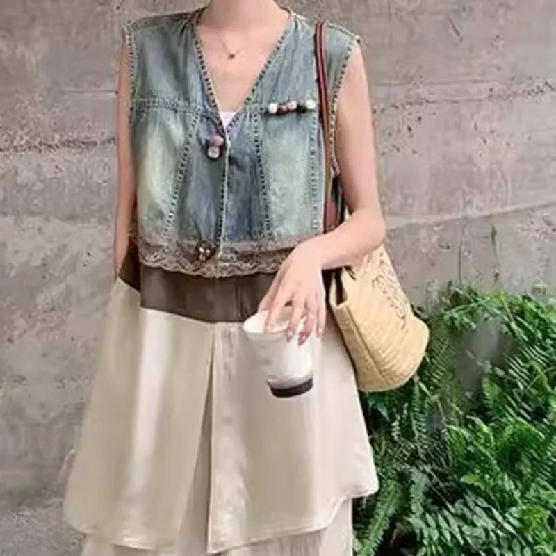 ANJY Summer New Women's High Street Fashion Unique Design Denim Patchwork Contrast Color Button Vest Casual Wide Leg Pants A7944