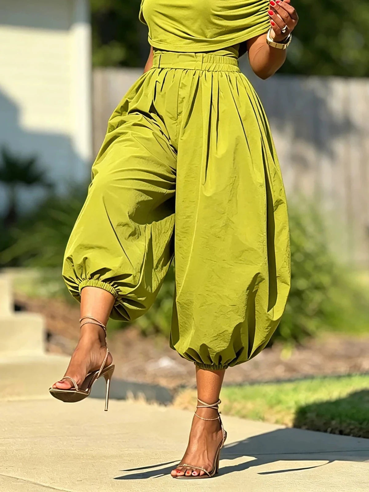 Olive Green Ruched Crop Top And Jogger Pants Set for Women