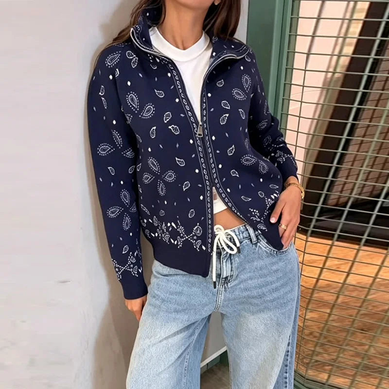 Vintage Printed Knit Stand Collar Zip Cardigan for Women