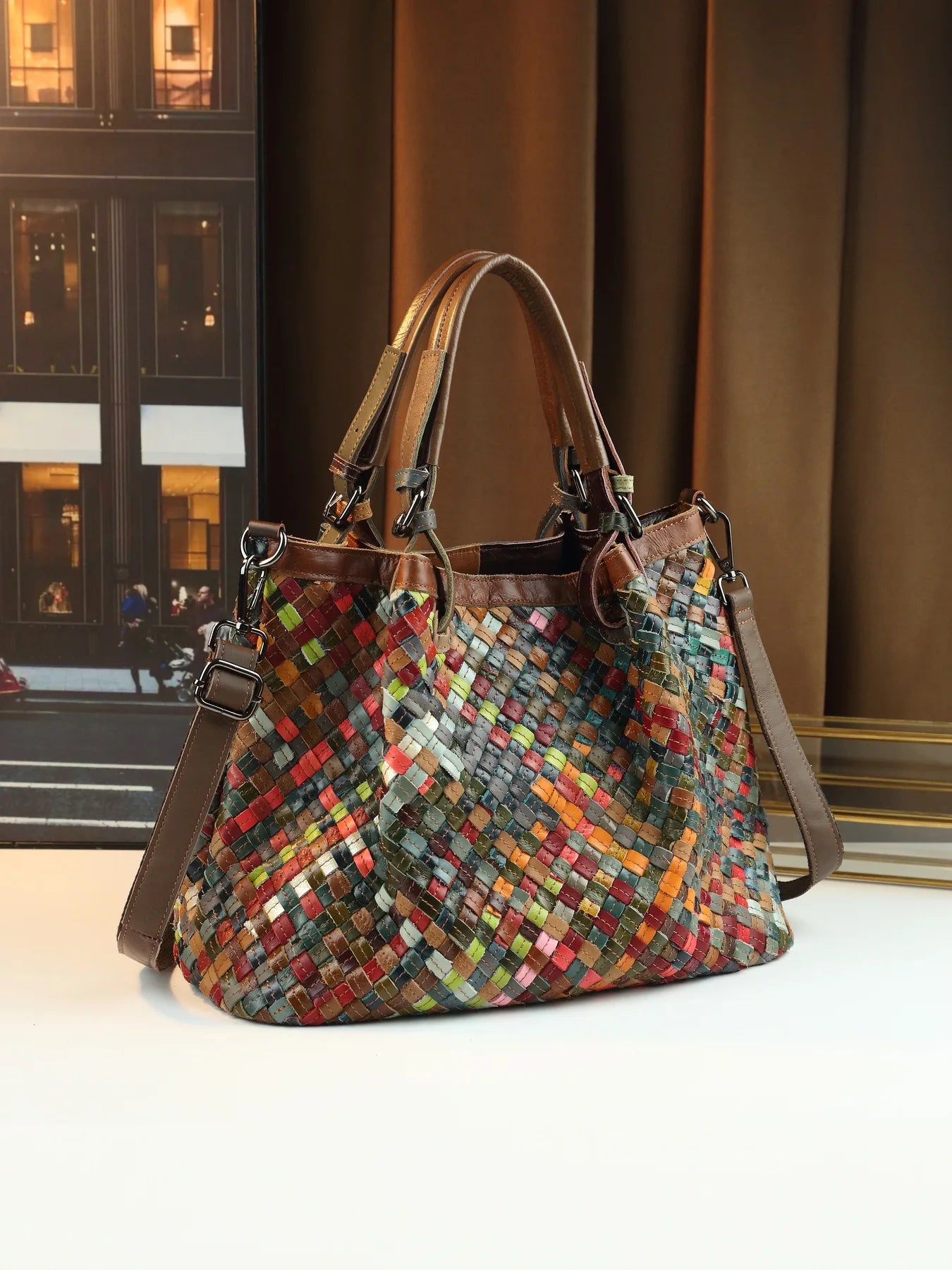 ABQP New Women's Handbag Made of Genuine Leather Hand Woven Women's Single Shoulder Crossbody Bag Color Spliced Women's Bag