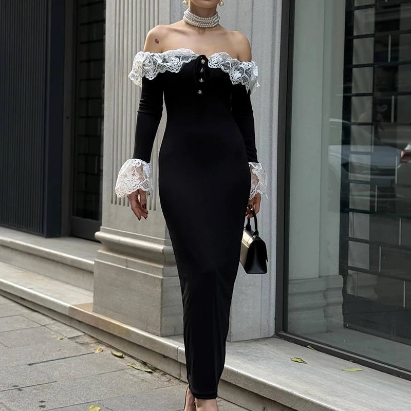 Elegant Off Shoulder Ruffle Wrap Hip Dress 2026 Sexy Lace Splicing Solid Long Dress Women's Casual Flared Sleeves Party Dresses