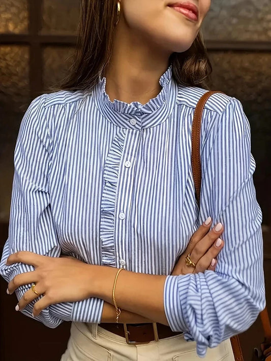 Plus Size Women's 2025 New Women's Blue Striped Shirt Basic Comfortable Versatile Temperament Long Sleeve Shirt