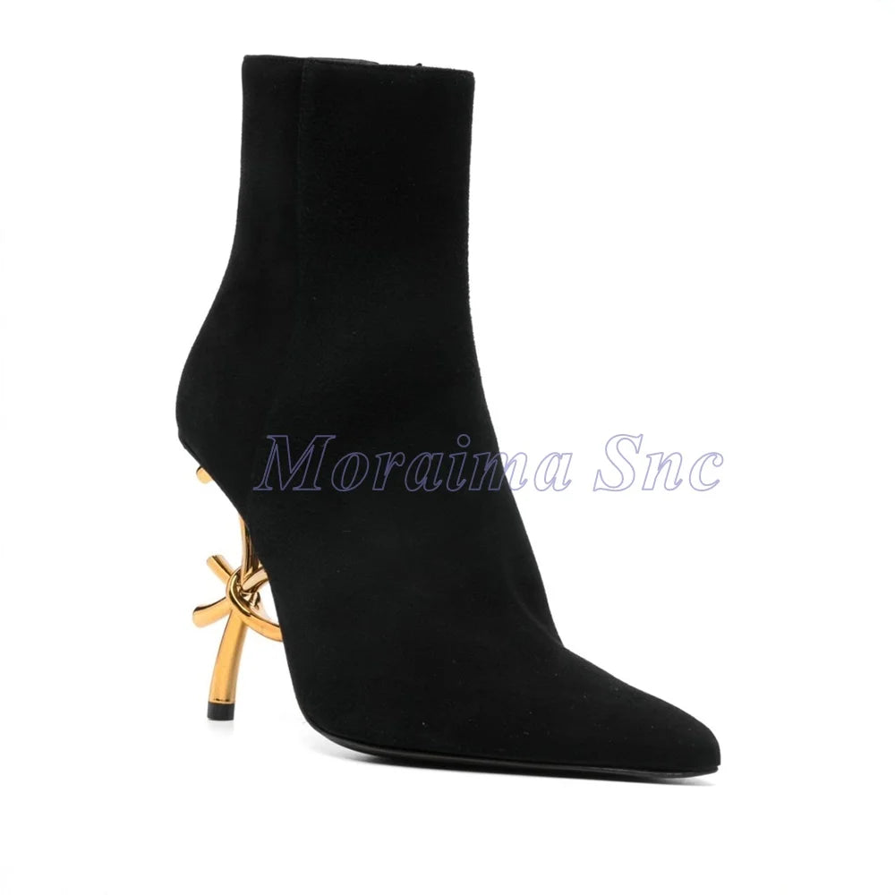 High Heel Pointed Toe Suede Ankle Boots Metal Decoration For Women