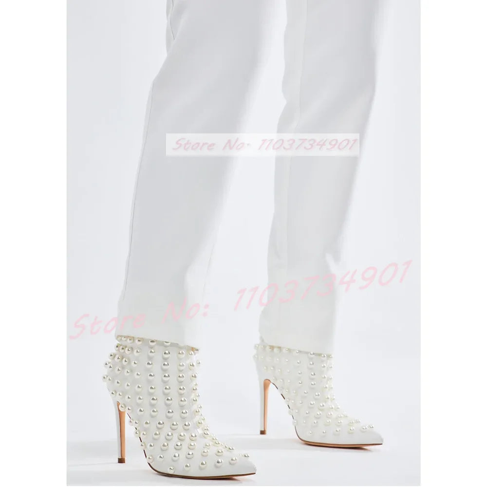 White Pearl Pointed Toe Short Boots With Zipper for Women