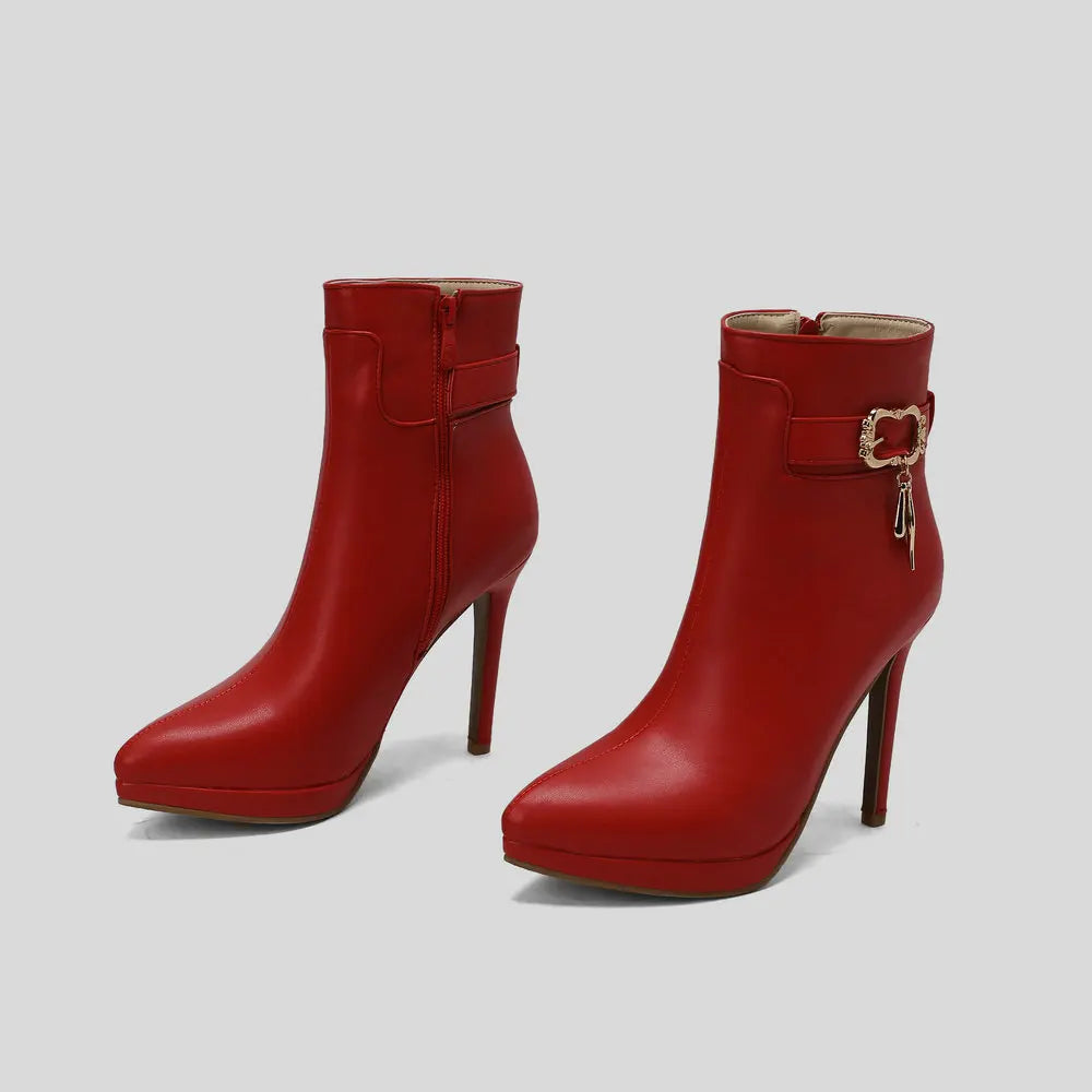 Red High Heel Pointed Toe Ankle Boots