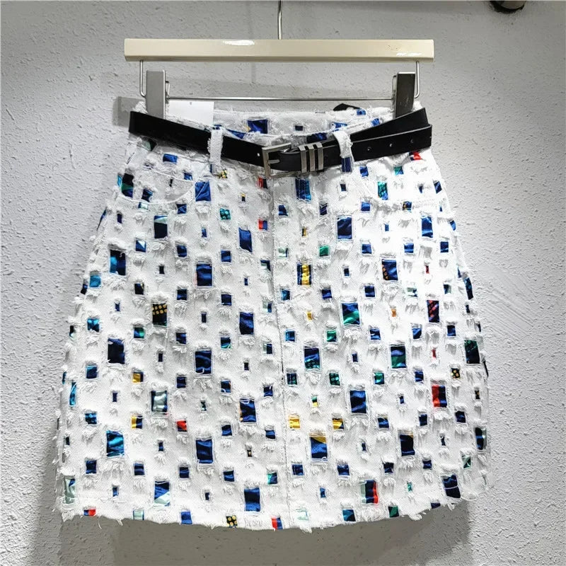 Design denim short skirt hip skirt a word 2024 new burned flower wear trend personalized niche women's clothing