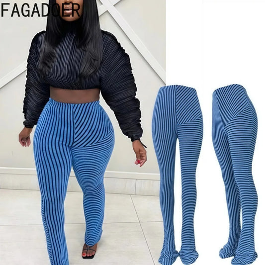 FAGADOER Stripe Plush Stacked Pants Women Casual Solid Color Fur Patchwork Flare Trousers Y2K Female Streetwear Bottoms 2025 New