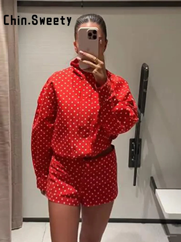 Polka Dot Stand Collar Jacket And High Waist Shorts For Women
