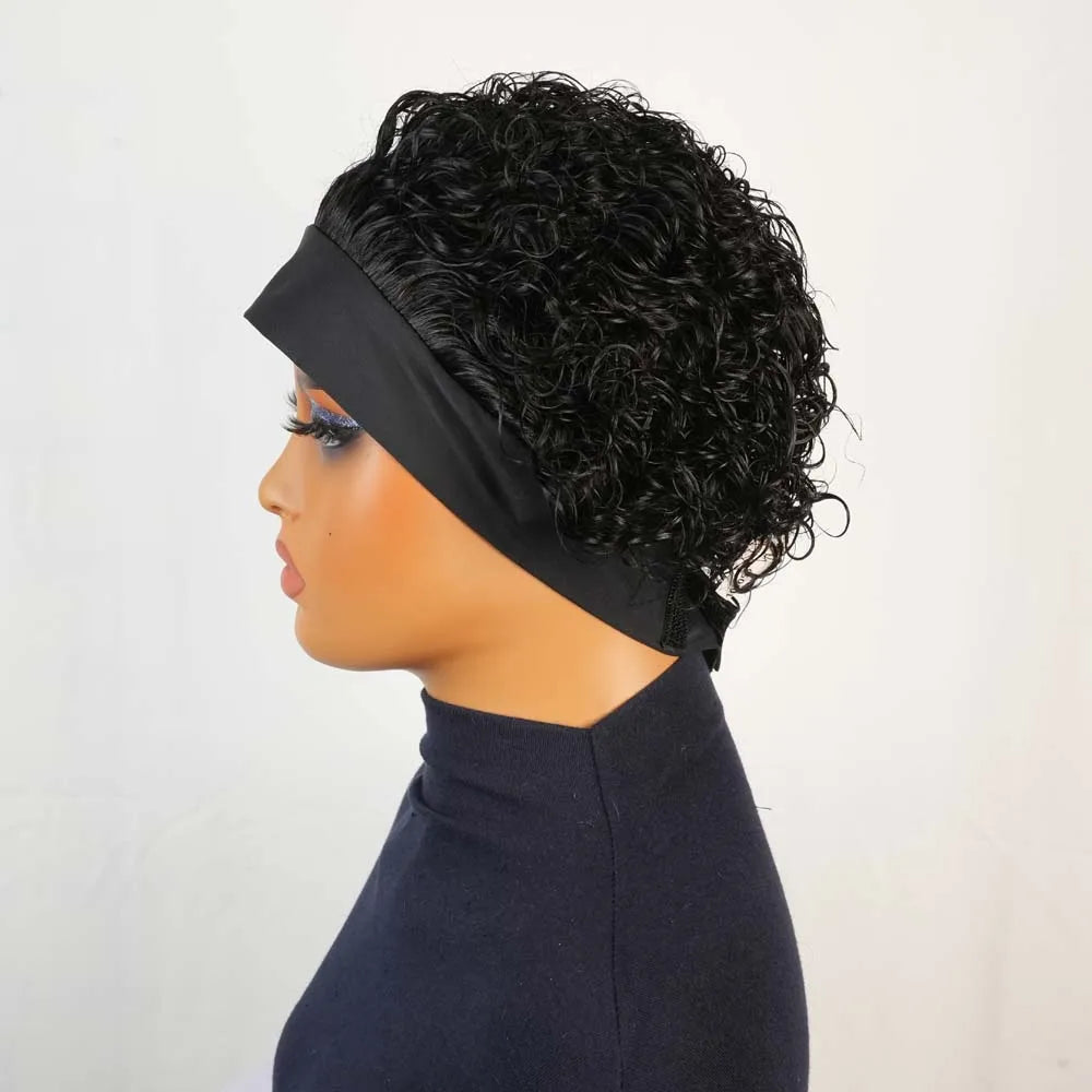 Headband Short Curly Pixie Cut Human Hair Wig for Women