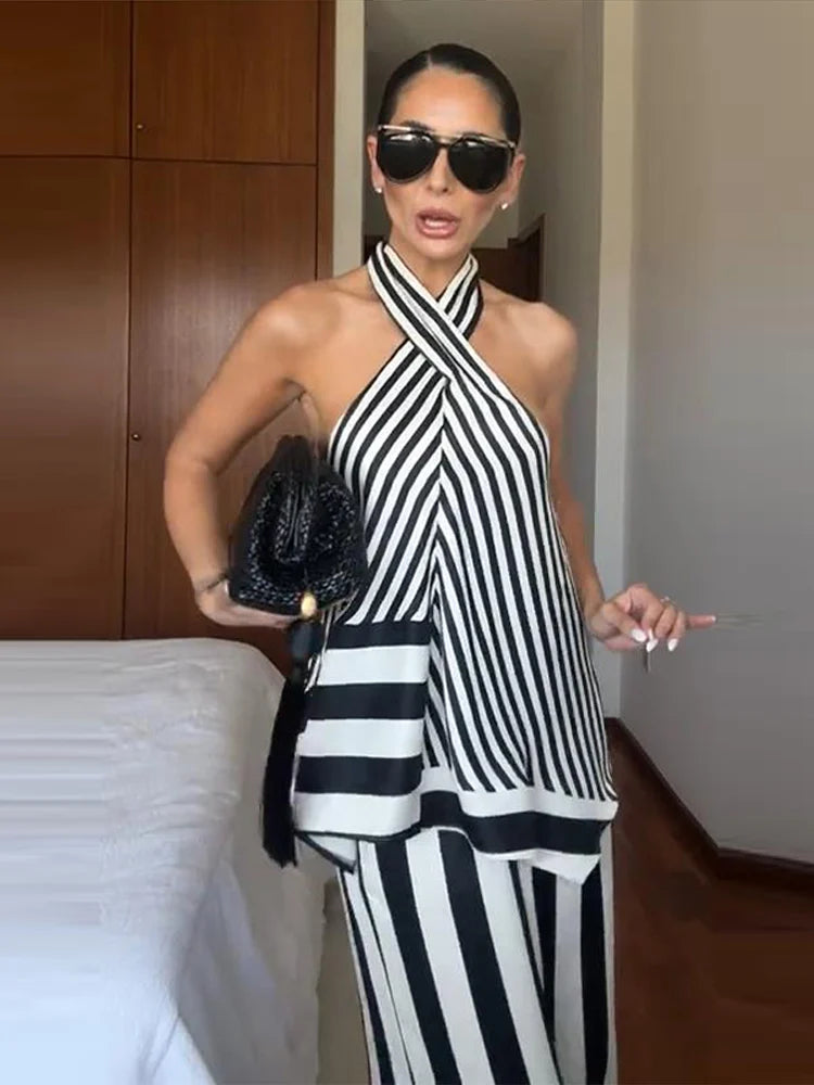 Striped Criss Cross Halter Two Piece Wide Leg Pants Set For Women