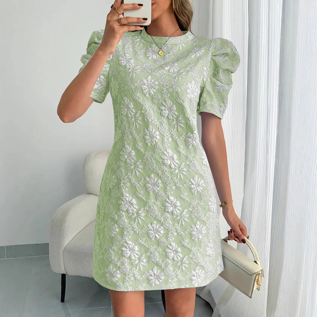 Textured Jacquard Puff Sleeve Midi Dress for Women