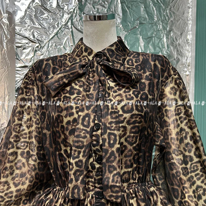 Spring Popular Retro Classic Leopard Pattern Single-Breasted Lantern Sleeve Shirt Layered Dress Puffy Cinched Short Dress Female