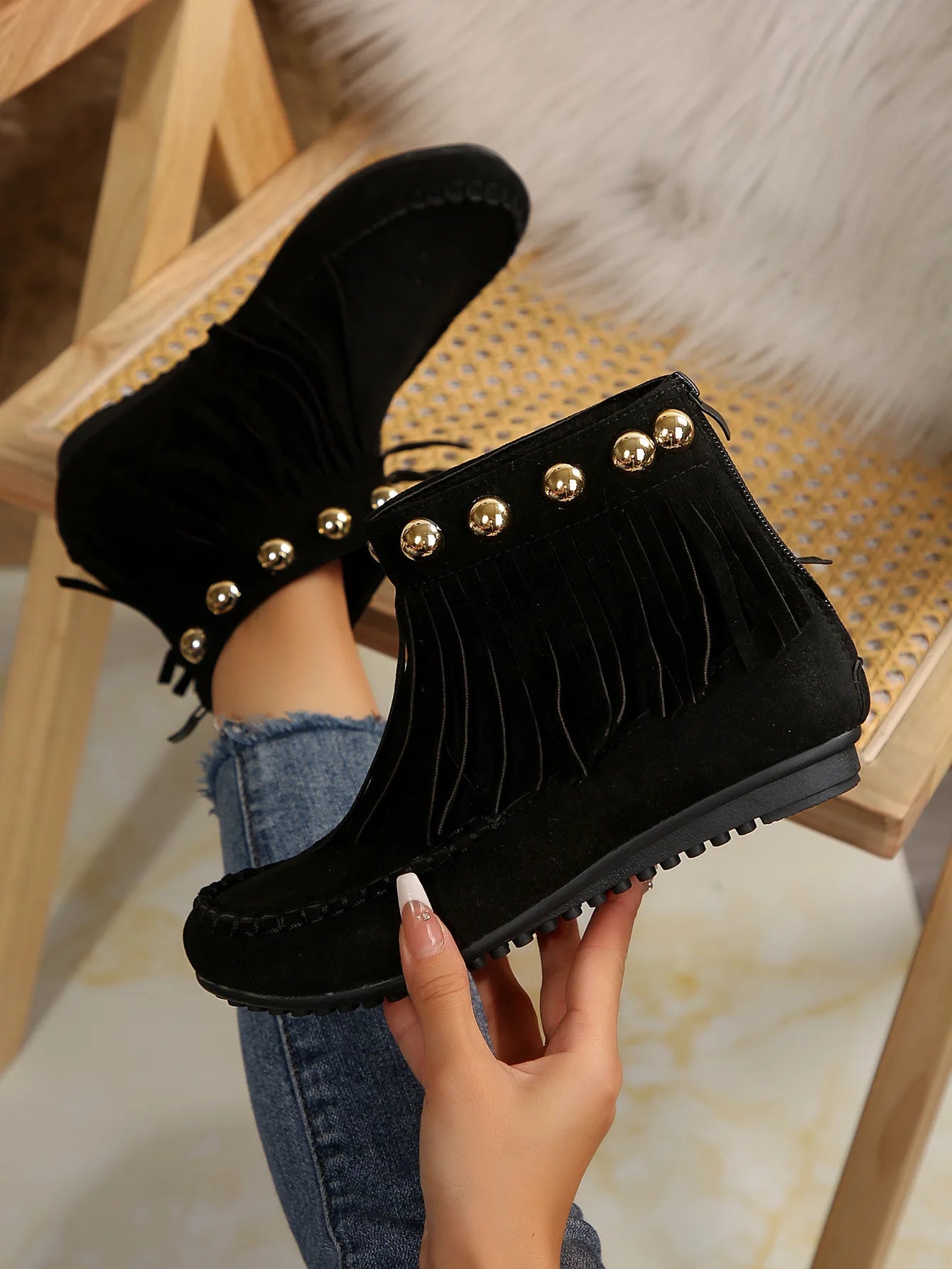 Women Boots Winter New Vintage Fringe Ankle Boots Women Side Zipper Casual Shoes Round Toe Ladies Snow Boots Zapatos De Mujer