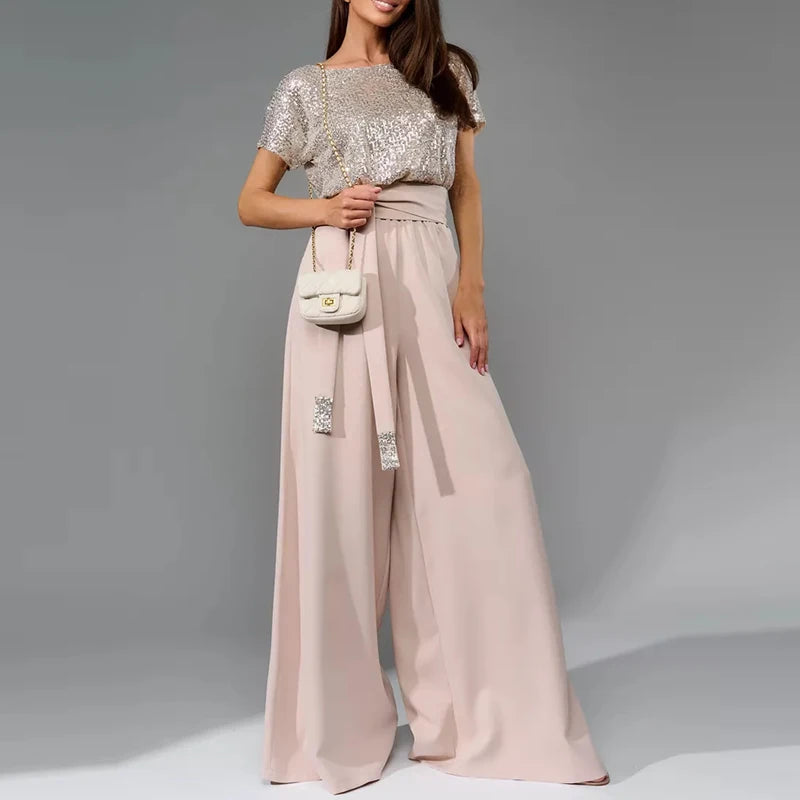 Sequin Patchwork High Waist Jumpsuit with Short Sleeves for Women