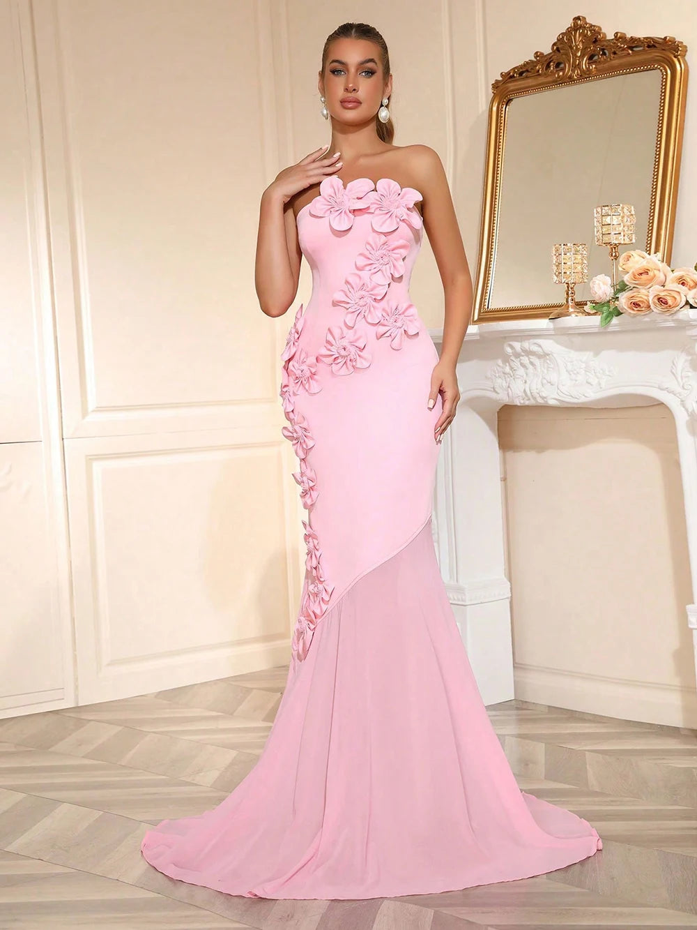 Modphy Pink Strapless Patchwork Appliques Slim Fit Mermaid Dress Women'S Off Shoulder Long Dress Elegant Evening Party Gowns