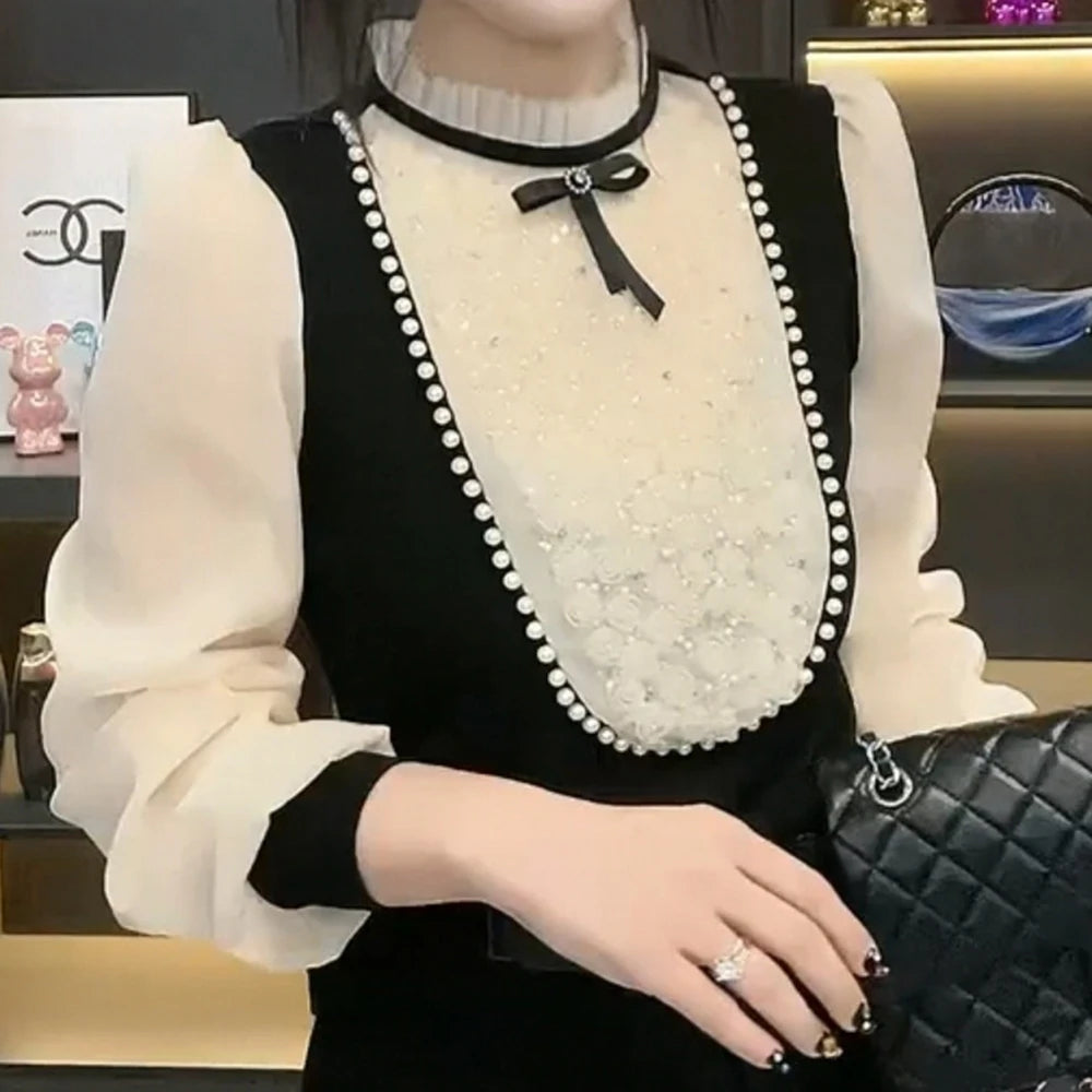 Beaded Long Sleeve O Neck Versatile Blouse For Women