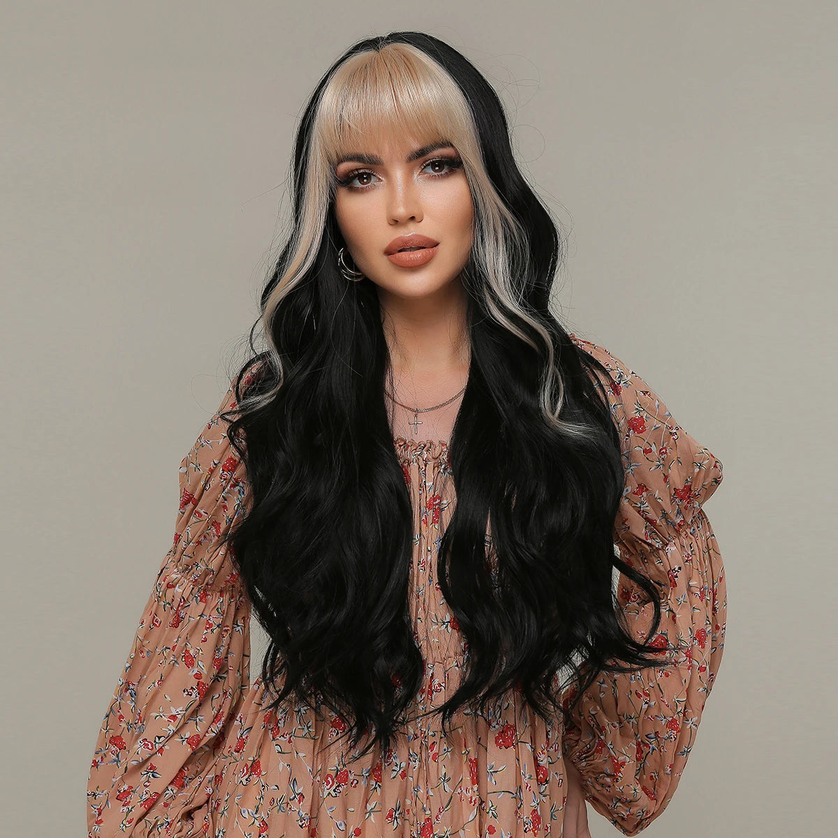 Long Wavy Black Synthetic Wig With Blonde Bangs for Women