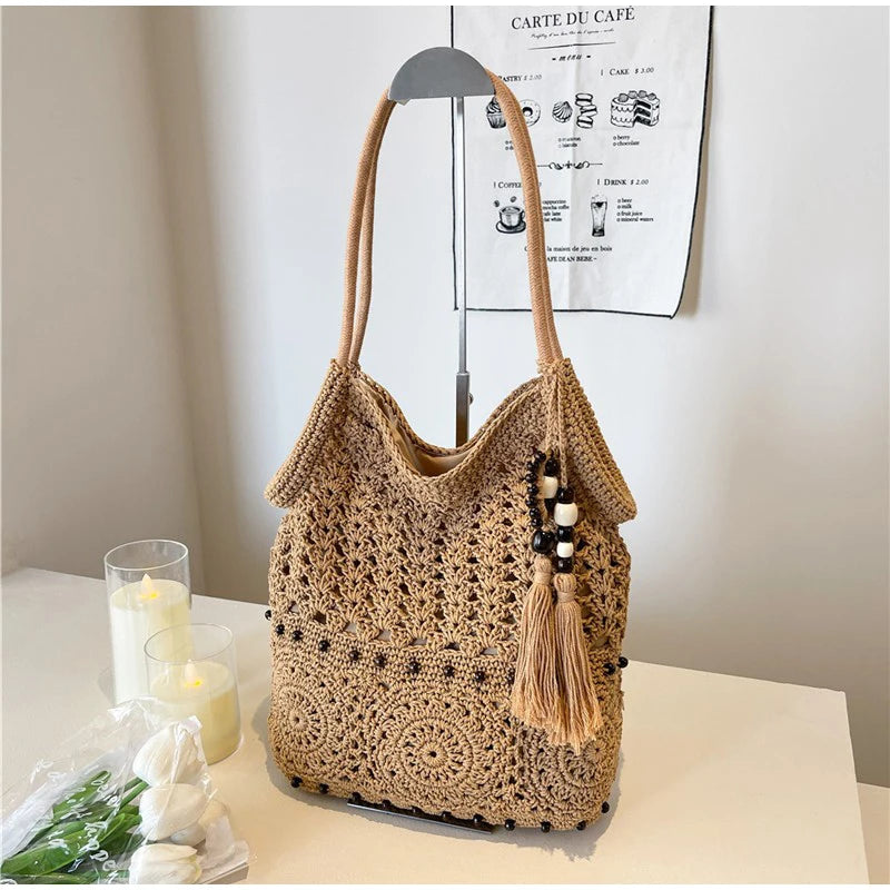 Hollow Crochet Women Bags Bohemian Large Capacity Handbags Korean Popular Bag New Tassel Cotton Shopping Bag Shoulder Bag Women