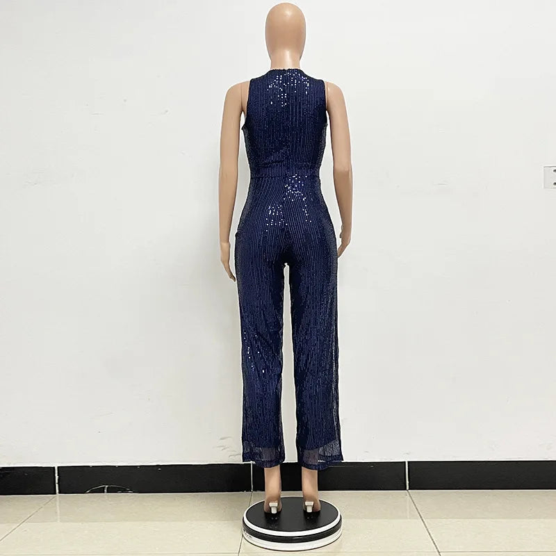 Elegant Silver Sequined Straight Cut Jumpsuit for Women
