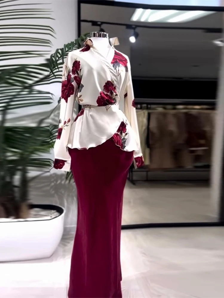 Two Piece Sets Women Skirt Set Turn Down Collar Print Floral Matching Sets Slim Fit Tight Waist Tops Long Skirts Y2k Streetwear