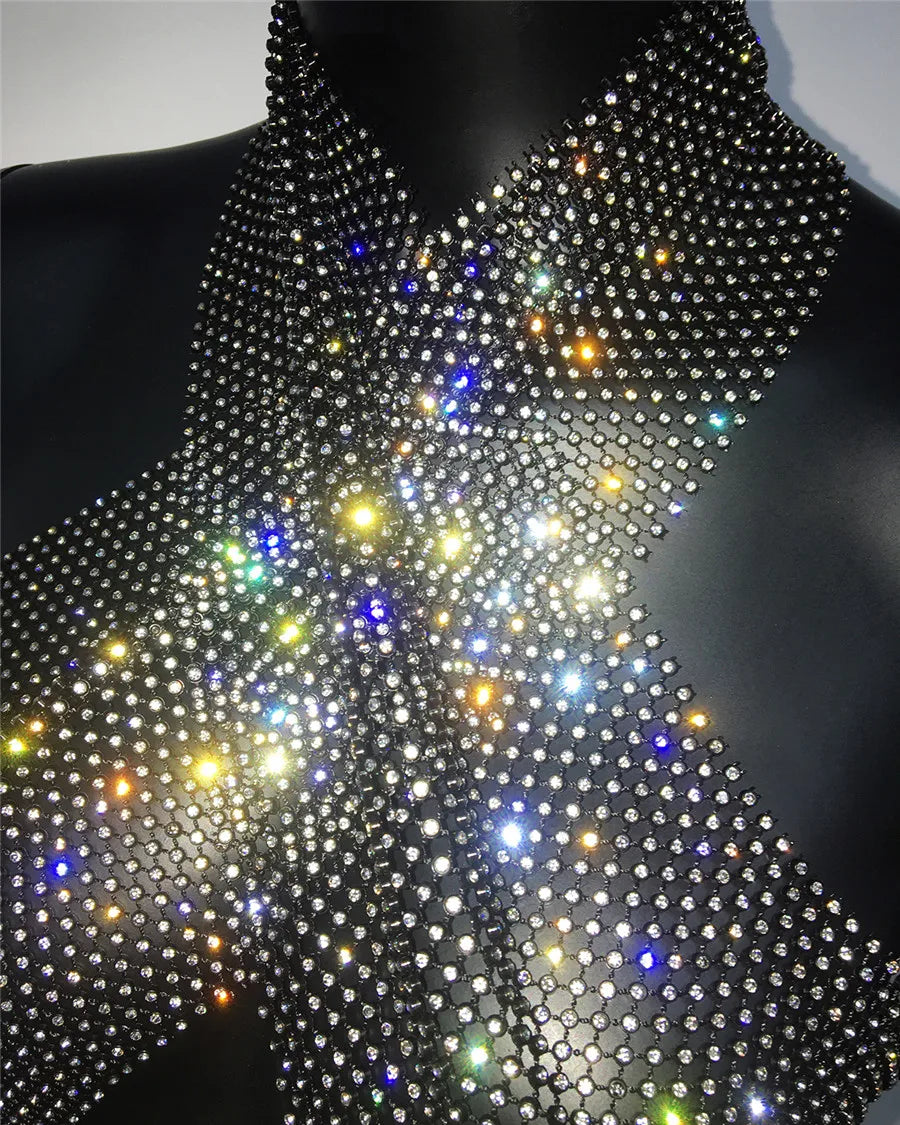 Rhinestone Fishnet Backless Halter Crop Top for Women