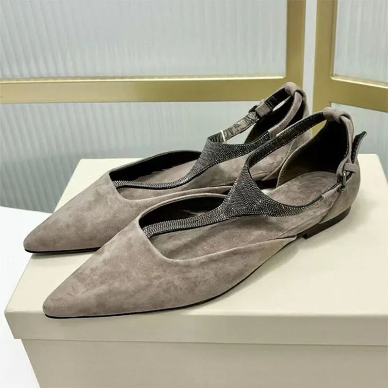 Genuine Leather Pointed Toe Flats With Beaded Ankle Strap For Women