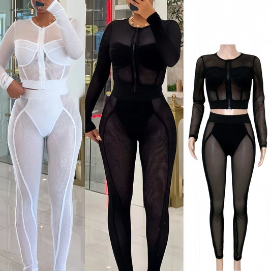 FAGADOER Sexy Hollow Out Bodycon 2 Pieces Set for Woman Mesh See Through Long Sleeves Tops + Leggings Matching Female Streetwear