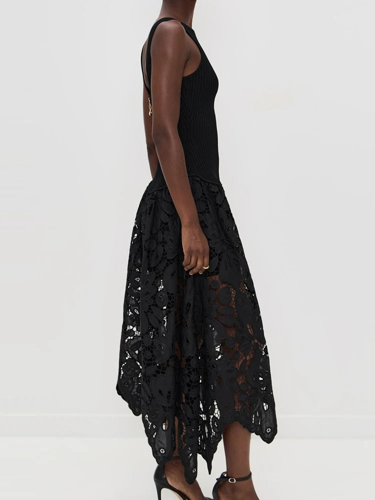 Black Patchwork O-Neck Sleeveless Party Dress for Women