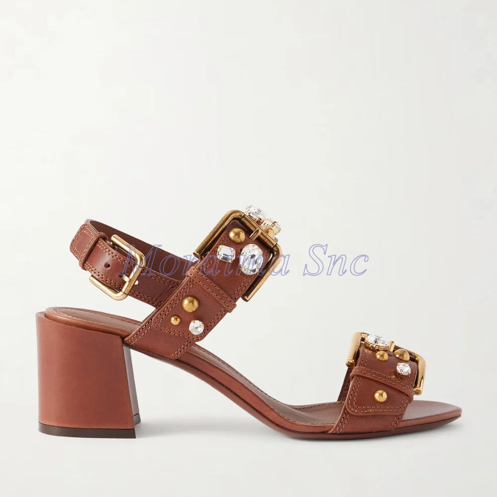 Crystal Embellished Gold Buckle Chunky Heel Sandals For Women