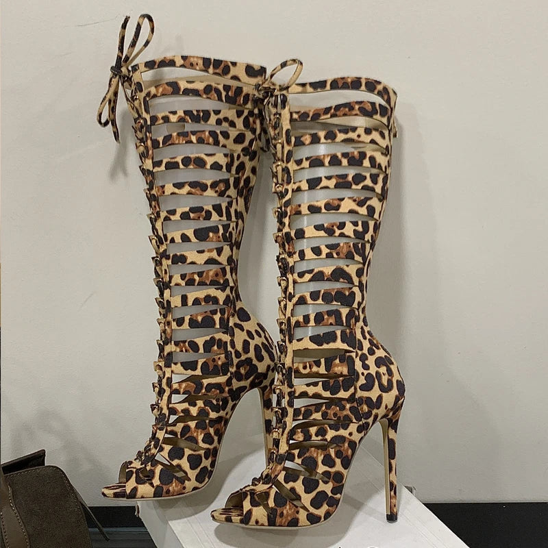 Leopard Print Hollow Out Peep Toe Knee High Boots for Women