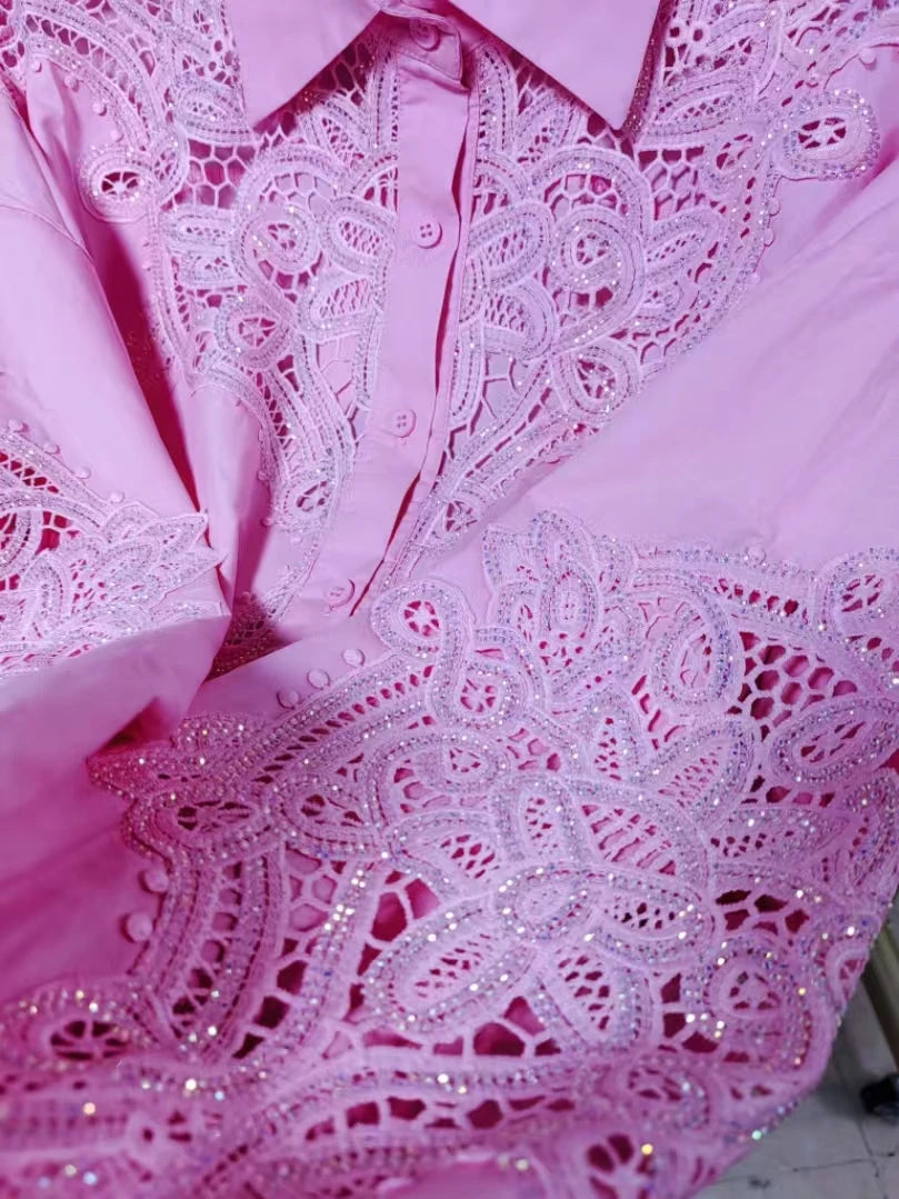 Luxury Bling Sequins Embroidery Pink Blouses Shirts for Women 2025 Autumn Lantern Sleeve Outwear Tops Camisas De Mujer