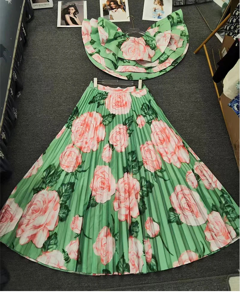 Printed Top And Pleated Skirt Set