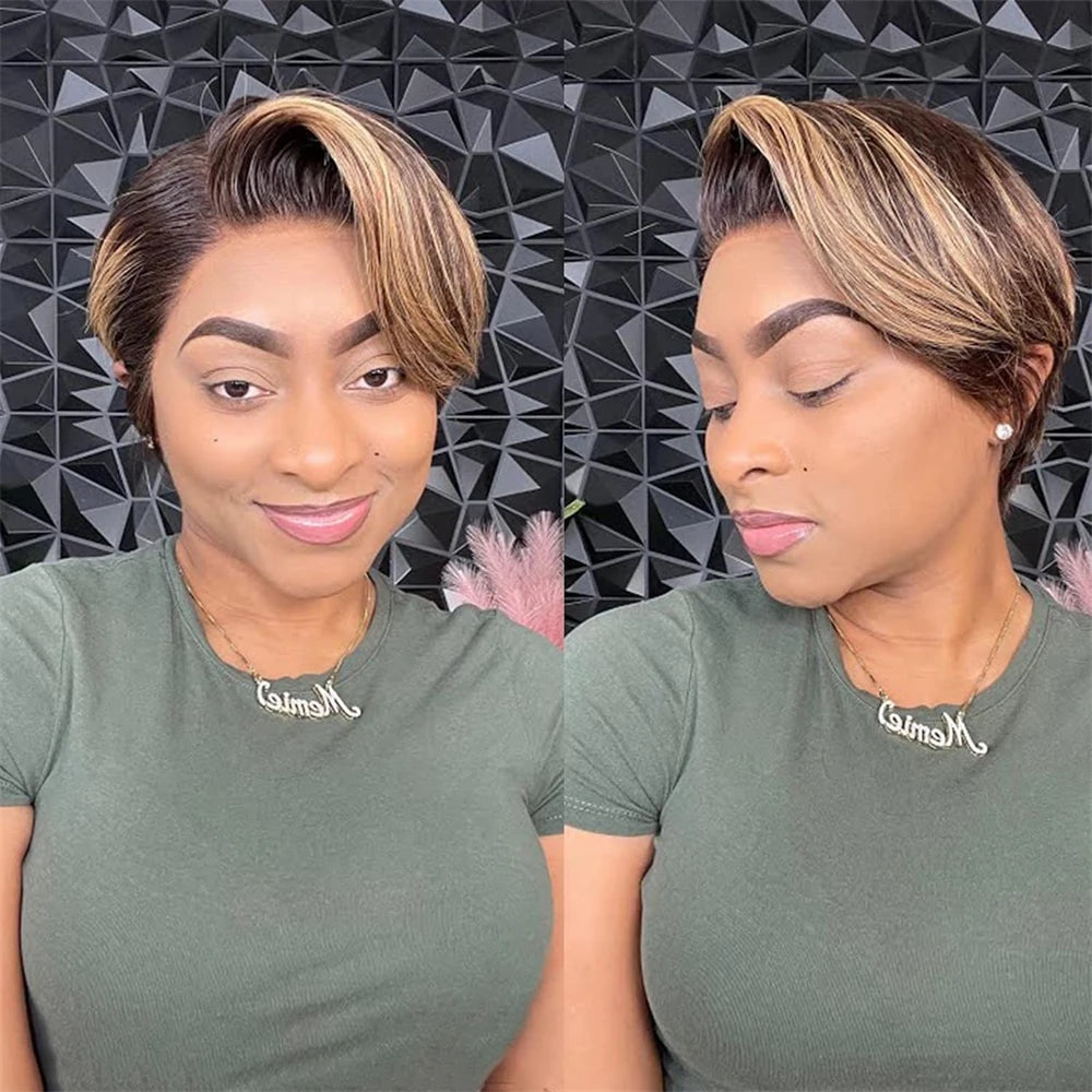 Highlight Straight Pixie Cut Lace Front Human Hair Bob Wig for Women