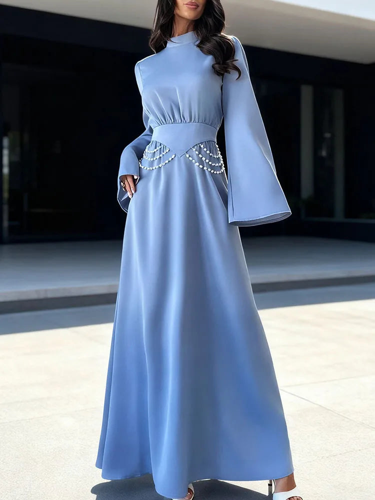 Women Fashion Hight Waist Solid Evening Dress Casual Long Sleeve Slim Party Dresses New Stand Collar Beading Chain Banquet Dress