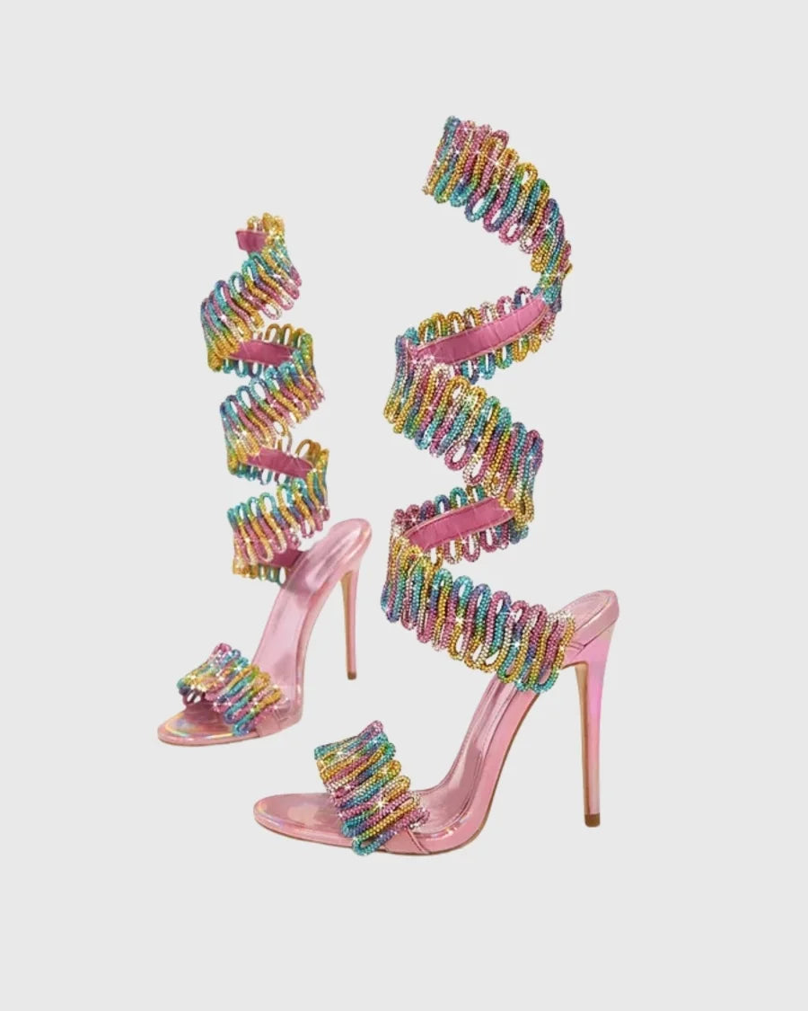 Rhinestone Snake Wrap Around Ankle Open Toe High Heel Sandals for Women