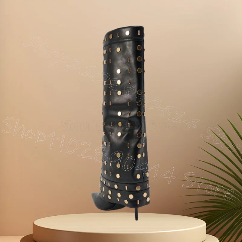 Black Fold Over Ankle Boots With Gold Rivet Buckle For Women